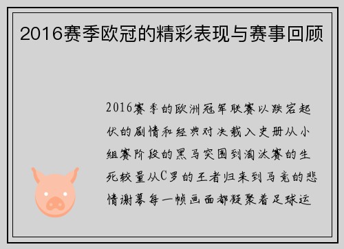 2016赛季欧冠的精彩表现与赛事回顾